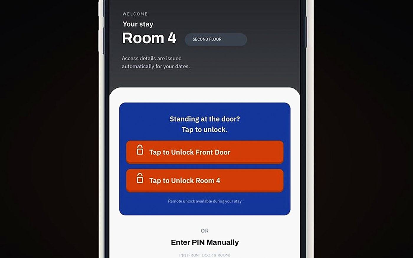 A phone showing a guest's arrival details and door code for a booking.