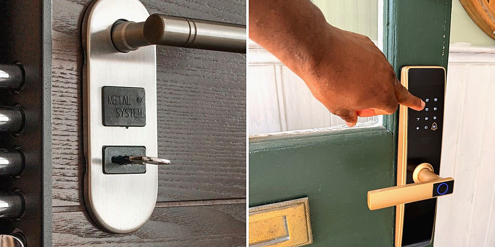 A keypad lock being used on a door, next to a conventional lock and key.